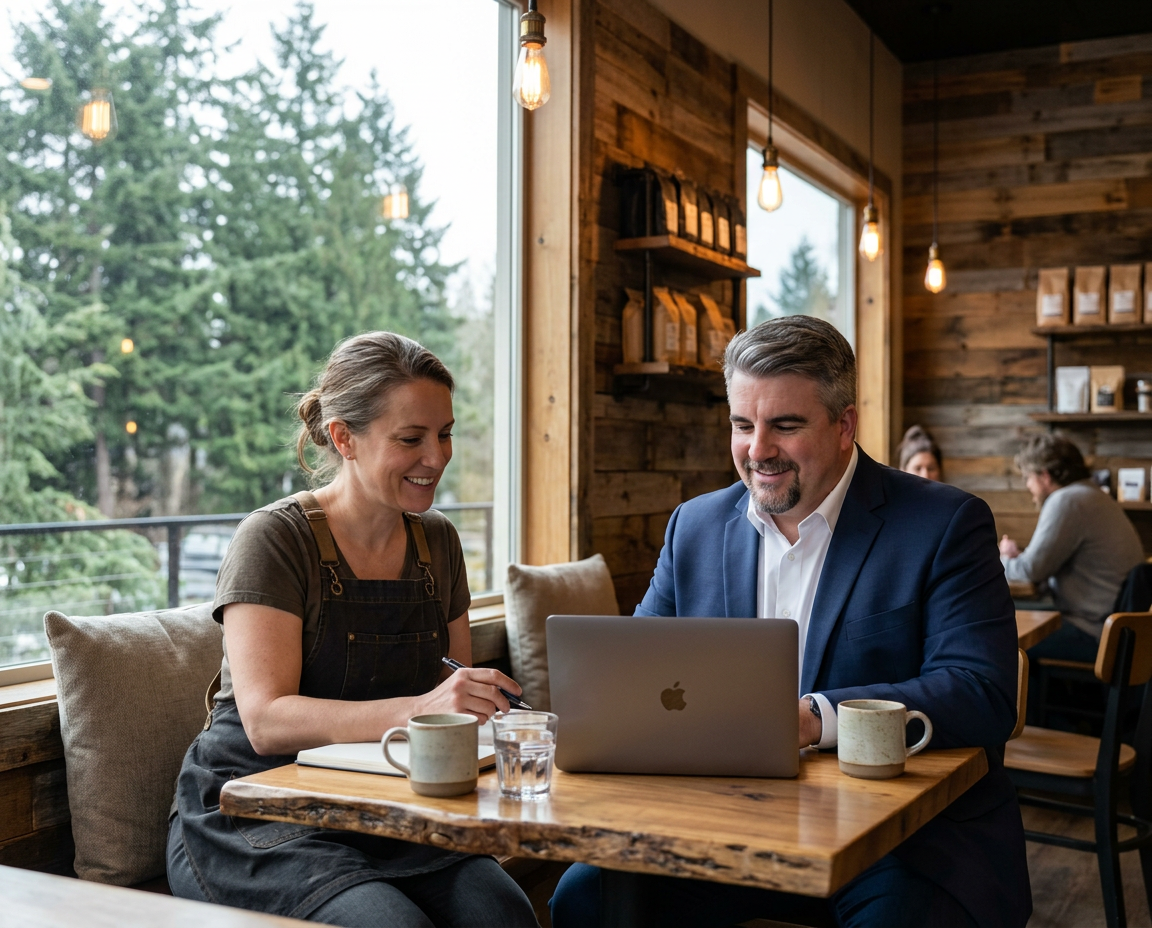 Consultant Drew Whitten and a small-business owner looking at a laptop together in a Pacific Northwest coffee shop